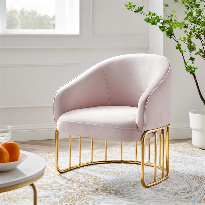 Maklaine Contemporary Performance Velvet Armchair in Pink/Gold