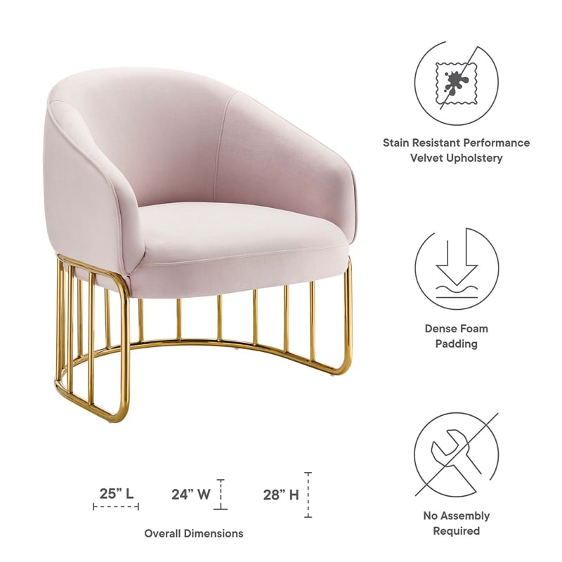 Maklaine Contemporary Performance Velvet Armchair in Pink/Gold