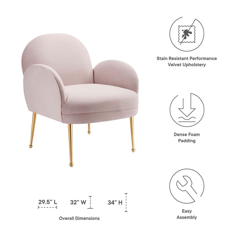 Maklaine Contemporary Performance Velvet Armchair in Pink/Gold