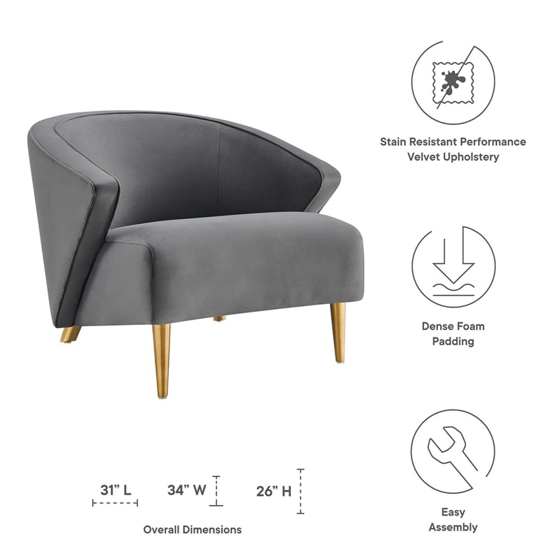 Maklaine Contemporary Performance Velvet Armchair in Gray/Gold