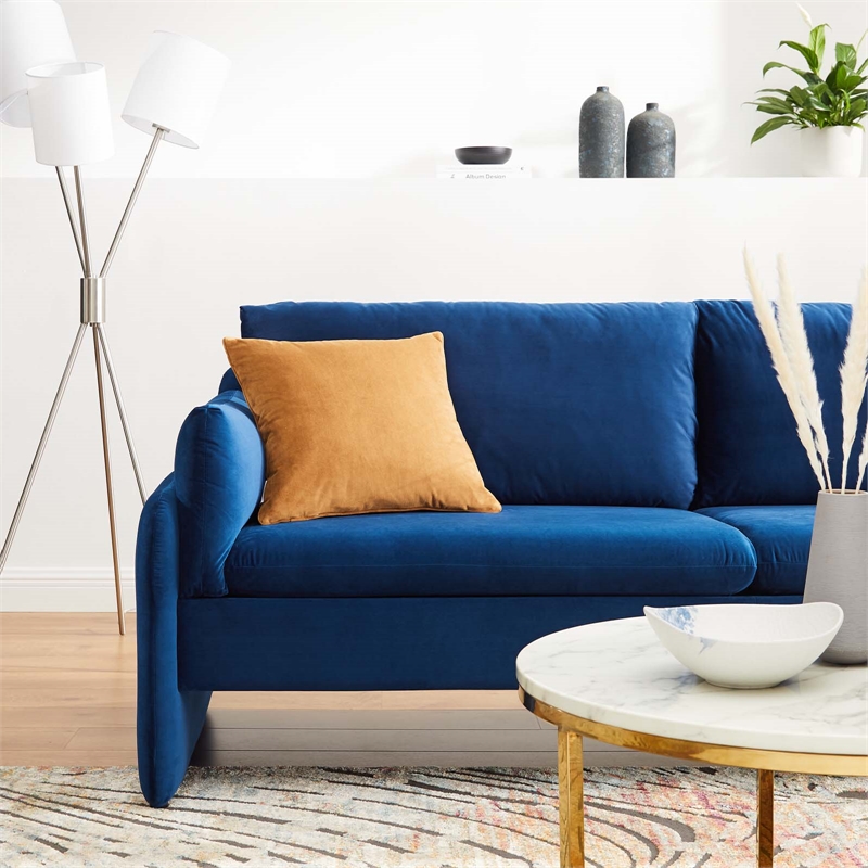 Maklaine Contemporary Performance Velvet & Foam Sofa in Navy Blue