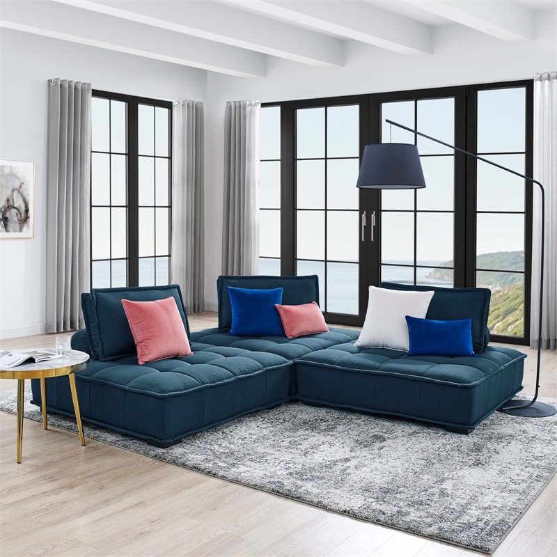 Maklaine Contemporary 3-Piece Tufted Fabric Sofa in Azure Blue