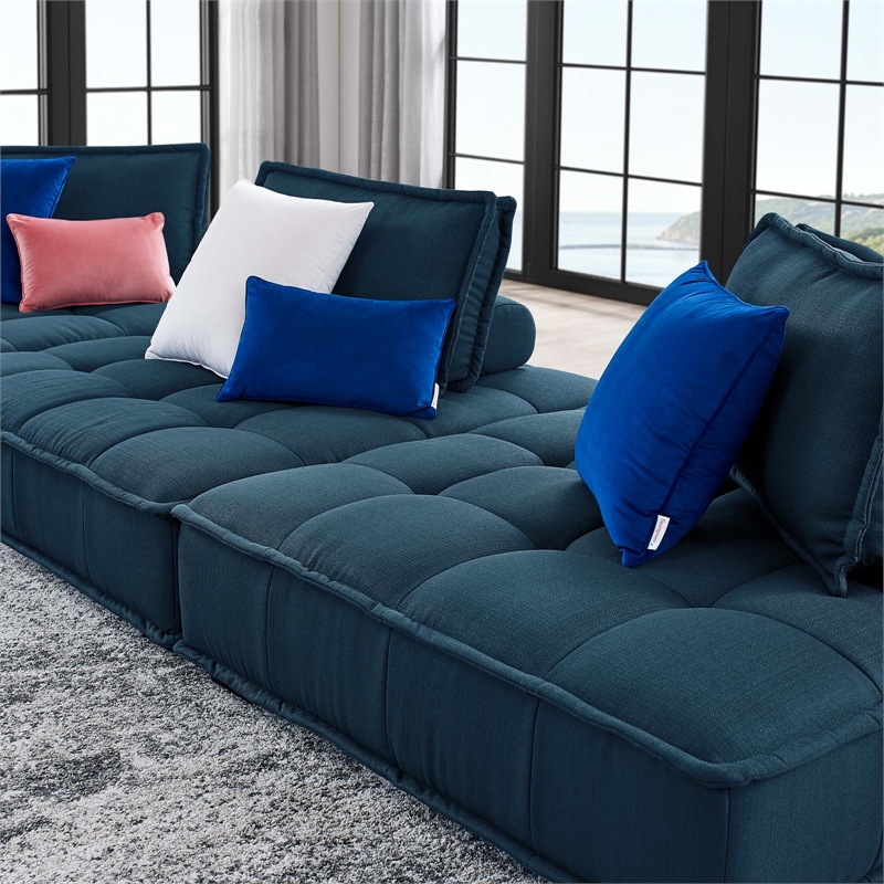 Maklaine Contemporary 3-Piece Tufted Fabric Sofa in Azure Blue