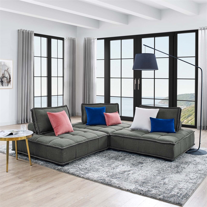 Maklaine Contemporary 3-Piece Tufted Fabric Sofa in Gray Finish