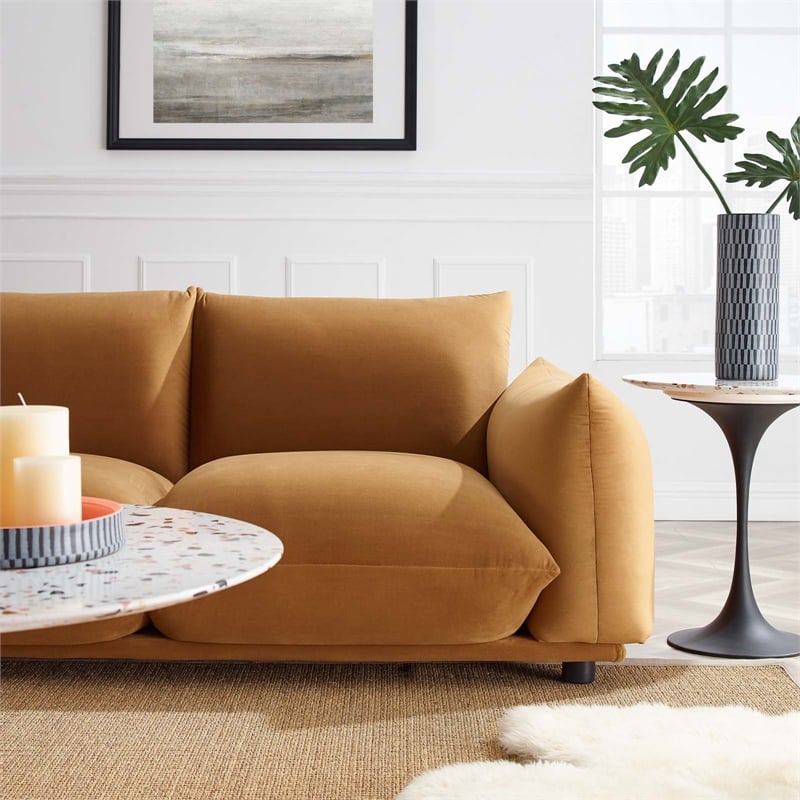 Maklaine Overstuffed Modern Performance Velvet Sofa in Cognac Brown