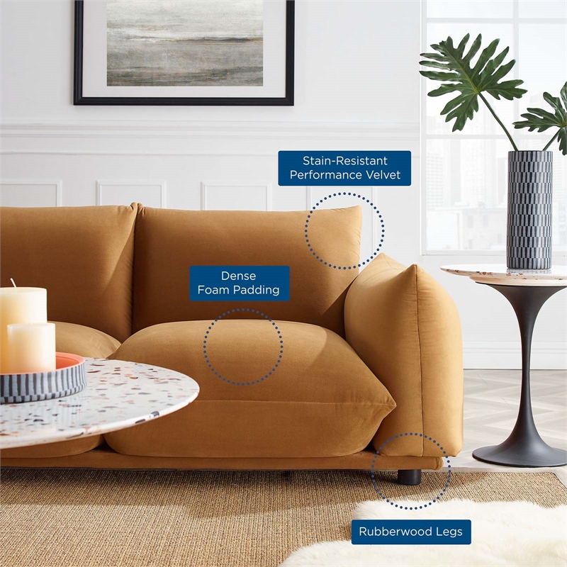 Maklaine Overstuffed Modern Performance Velvet Sofa in Cognac Brown