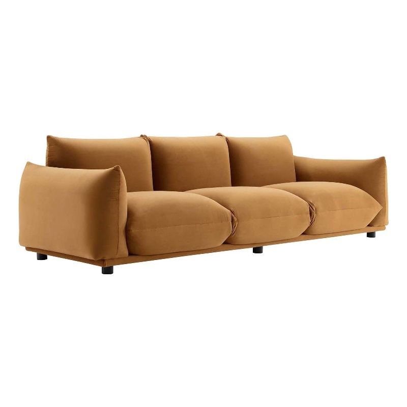 Maklaine Overstuffed Modern Performance Velvet Sofa in Cognac Brown