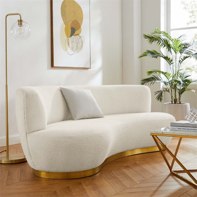 Maklaine Modern Boucle Fabric Upholstered Sofa in Ivory/Gold