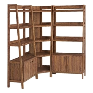 Maklaine 3-Piece Corner Bookshelf Set with Wide Bookshelves in Walnut