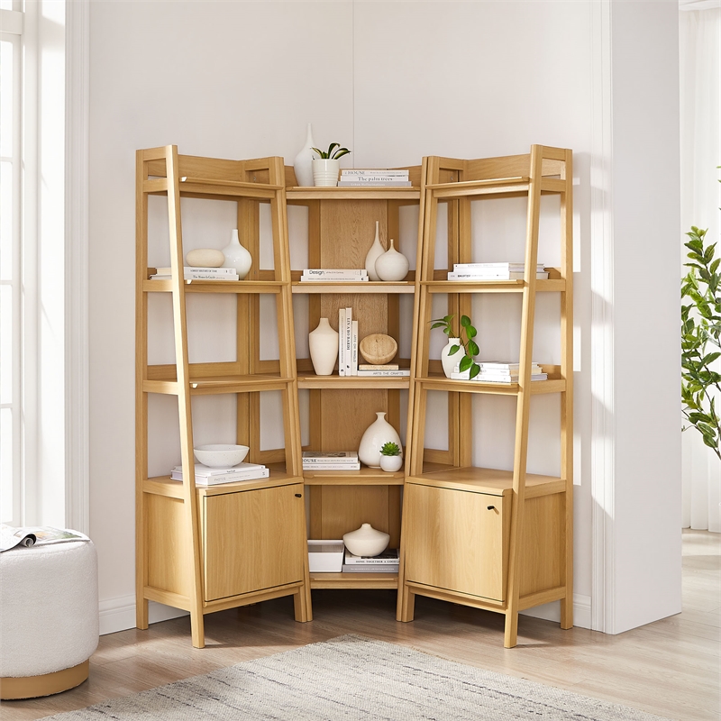 Maklaine 3-piece Corner Bookshelf Set with Narrow Bookshelves in Oak