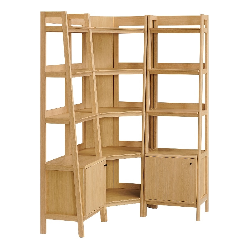 Maklaine 3-piece Corner Bookshelf Set with Narrow Bookshelves in Oak