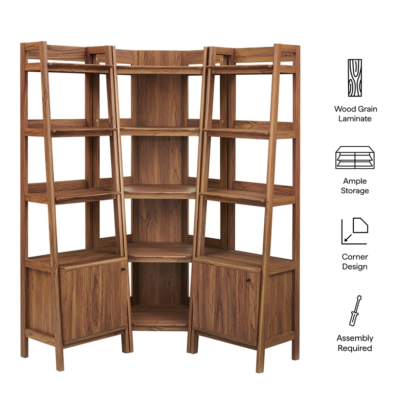 Maklaine 3-piece Corner Bookshelf Set with Narrow Bookshelves in Walnut