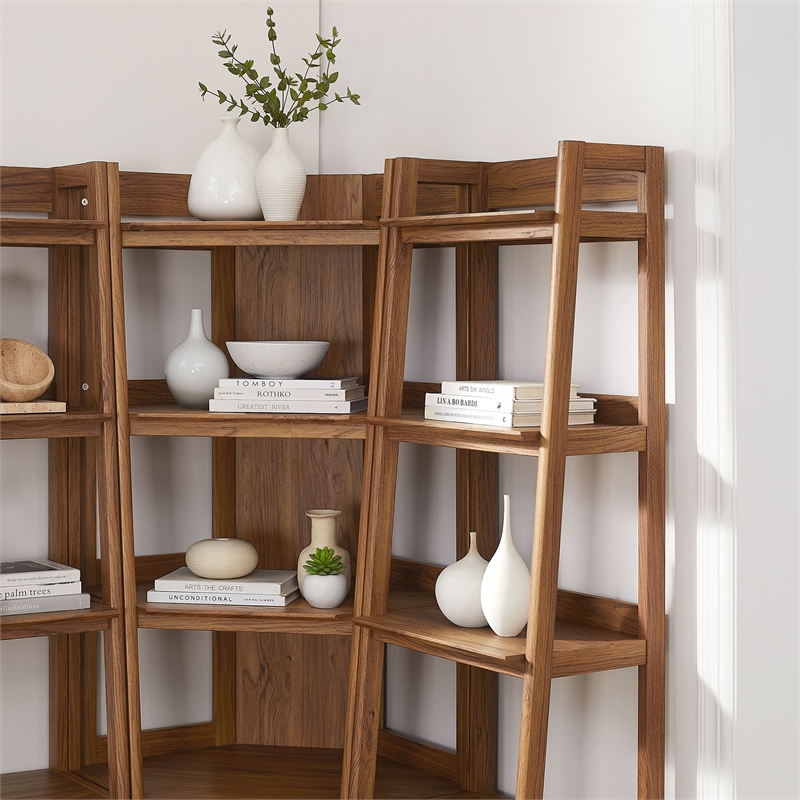 Maklaine 3-piece Corner Bookshelf Set with Narrow Bookshelves in Walnut