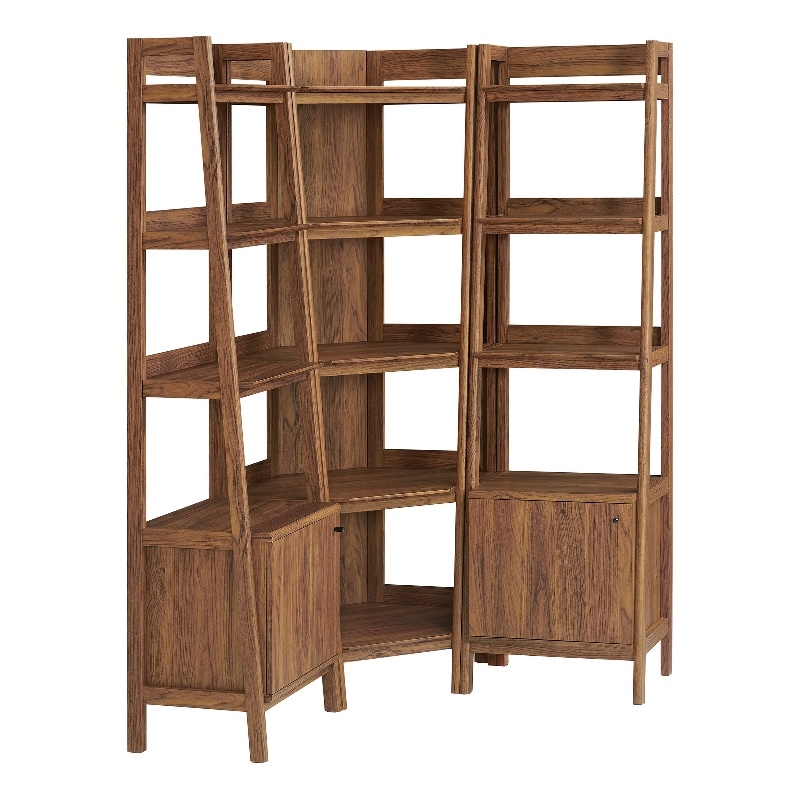 Maklaine 3-piece Corner Bookshelf Set with Narrow Bookshelves in Walnut