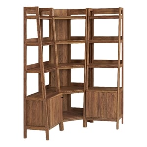 Maklaine 3-piece Corner Bookshelf Set with Narrow Bookshelves in Walnut