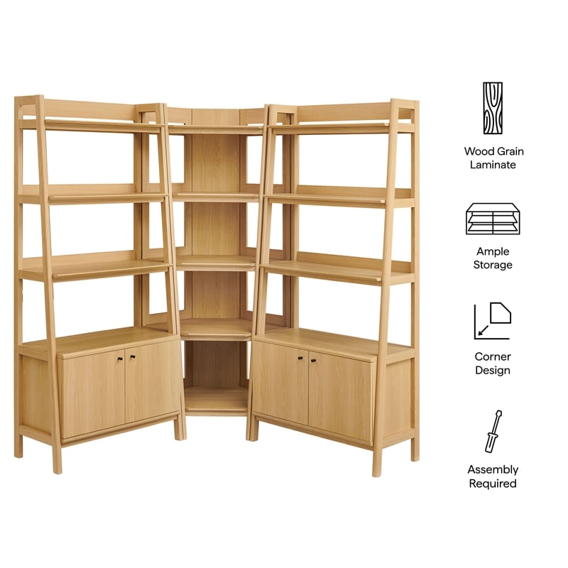 Maklaine 3-Piece Corner Bookshelf Set with Wide Bookshelves in Oak