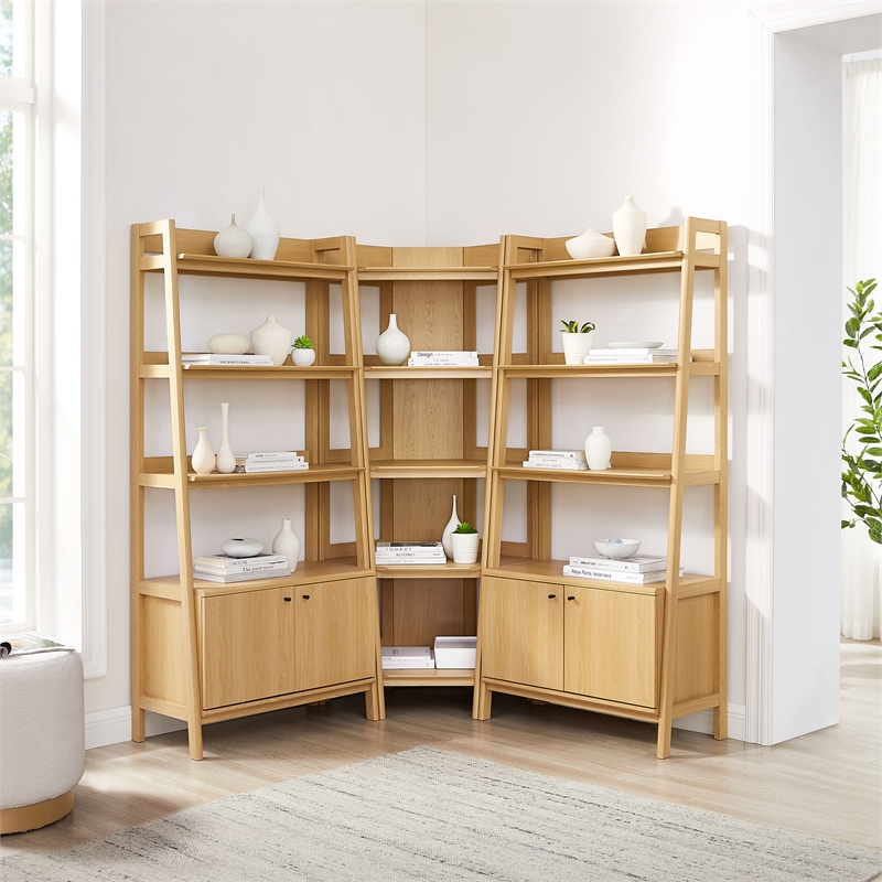 Maklaine 3-Piece Corner Bookshelf Set with Wide Bookshelves in Oak