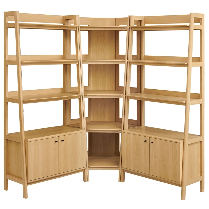 Maklaine 3-Piece Corner Bookshelf Set with Wide Bookshelves in Oak