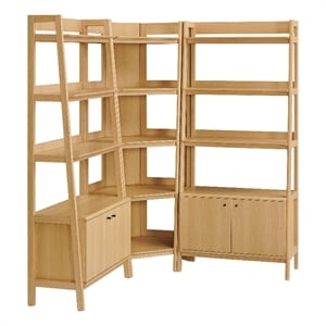 Maklaine 3-Piece Corner Bookshelf Set with Wide Bookshelves in Oak