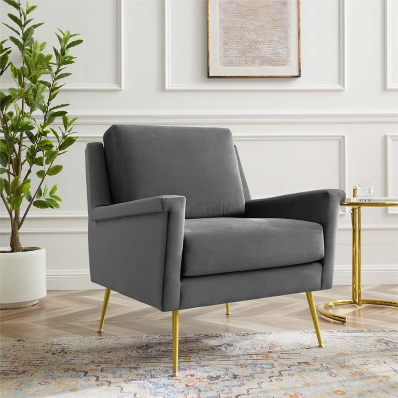Maklaine Contemporary Performance Velvet Armchair in Gold Gray
