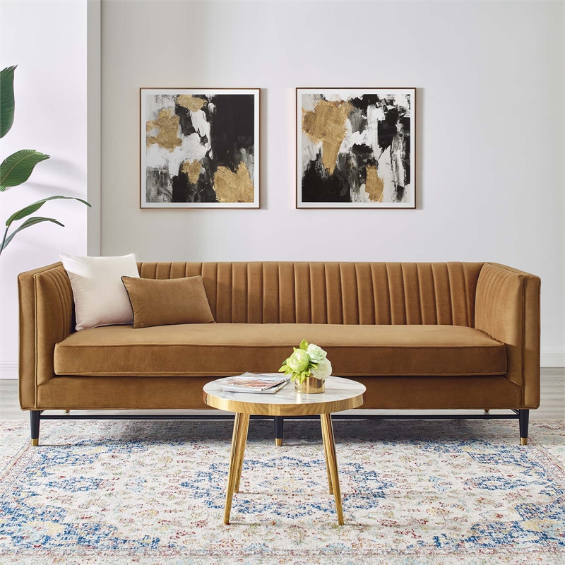 Maklaine Channel Tufted Performance Velvet Sofa in Cognac Brown