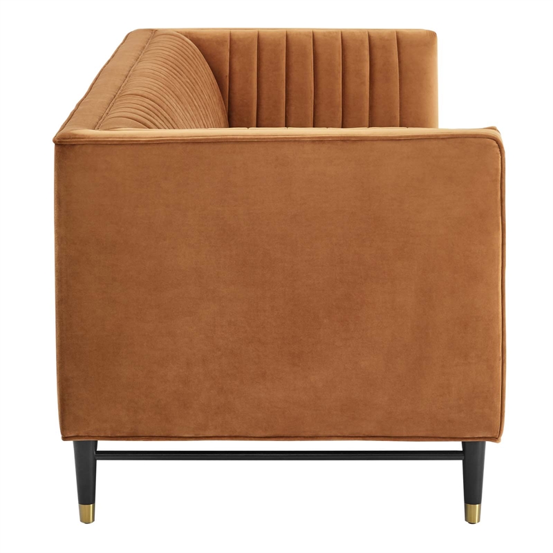 Maklaine Channel Tufted Performance Velvet Sofa in Cognac Brown