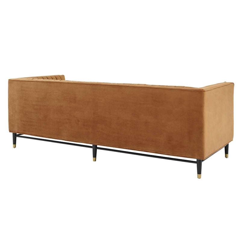 Maklaine Channel Tufted Performance Velvet Sofa in Cognac Brown