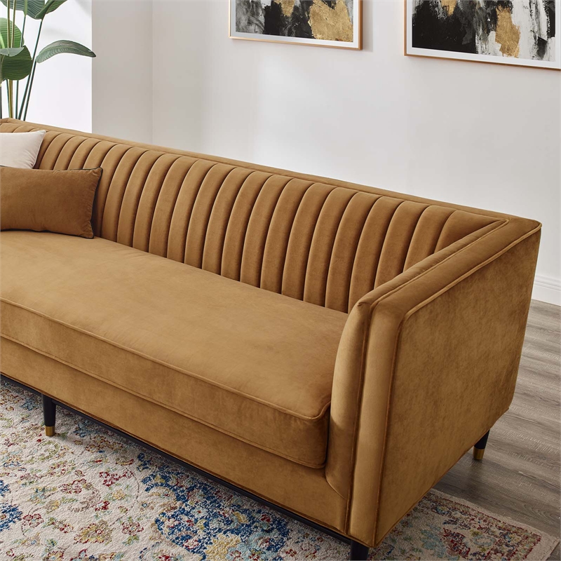 Maklaine Channel Tufted Performance Velvet Sofa in Cognac Brown