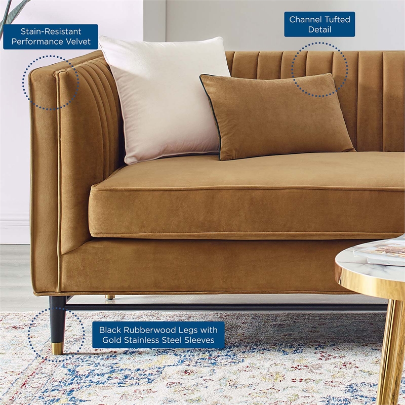 Maklaine Channel Tufted Performance Velvet Sofa in Cognac Brown