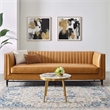 Maklaine Contemporary Channel Tufted Faux Leather Sofa in Tan