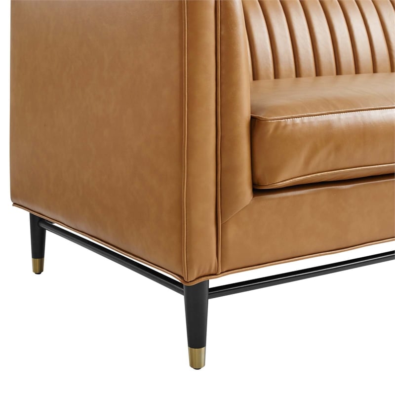 Maklaine Contemporary Channel Tufted Faux Leather Sofa in Tan