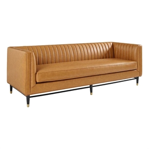 Maklaine Contemporary Channel Tufted Faux Leather Sofa in Tan
