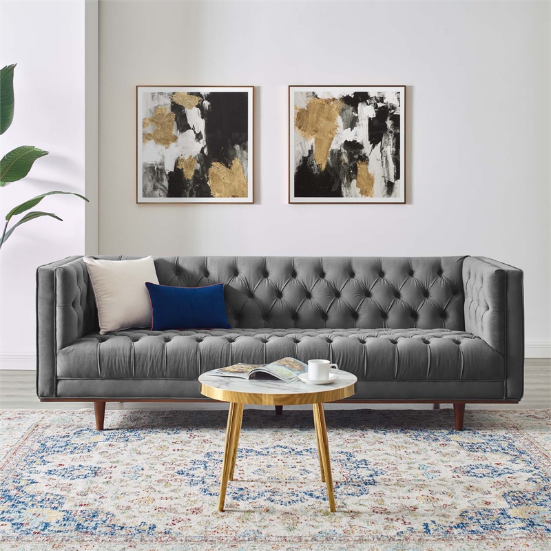 Maklaine Contemporary Tufted Performance Velvet Sofa in Gray