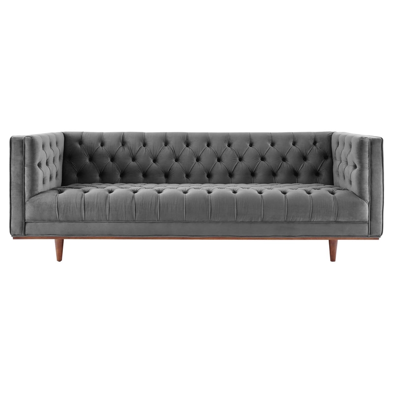 Maklaine Contemporary Tufted Performance Velvet Sofa in Gray