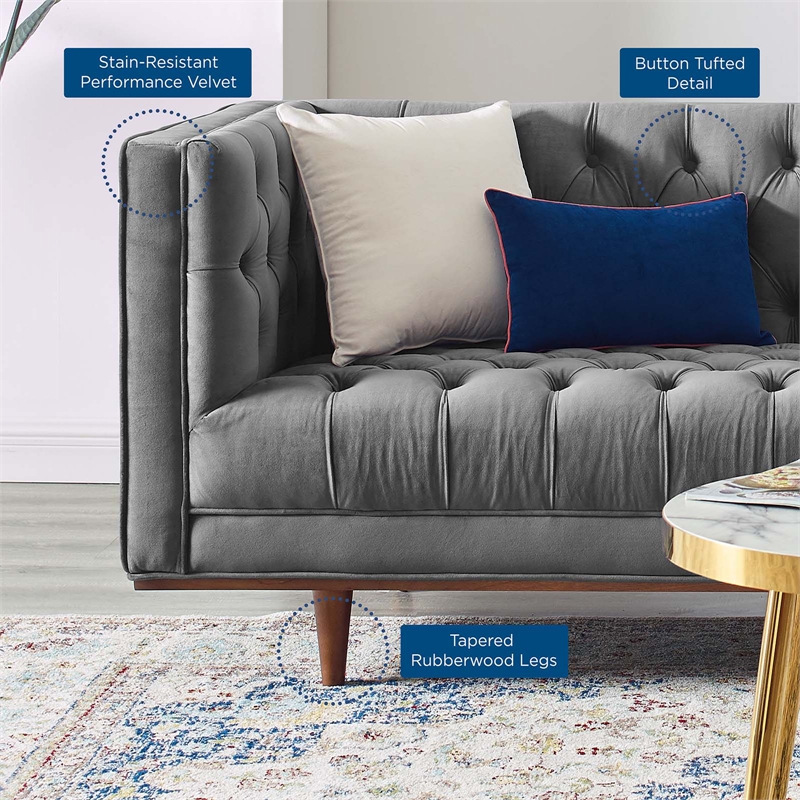 Maklaine Contemporary Tufted Performance Velvet Sofa in Gray
