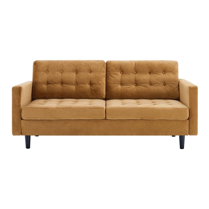 Maklaine Tufted Performance Velvet Sofa in Cognac Brown/Black