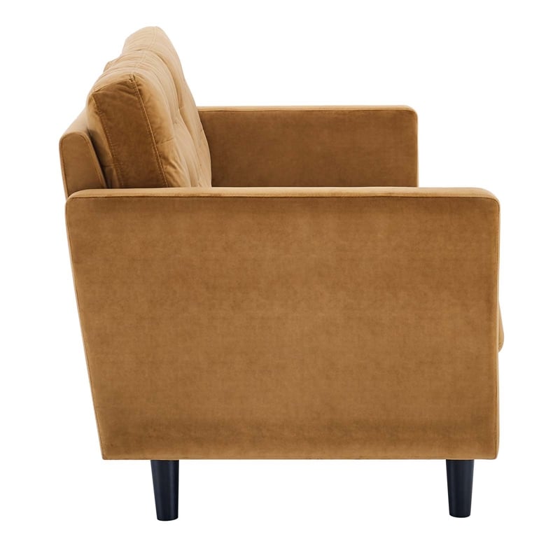 Maklaine Tufted Performance Velvet Sofa in Cognac Brown/Black