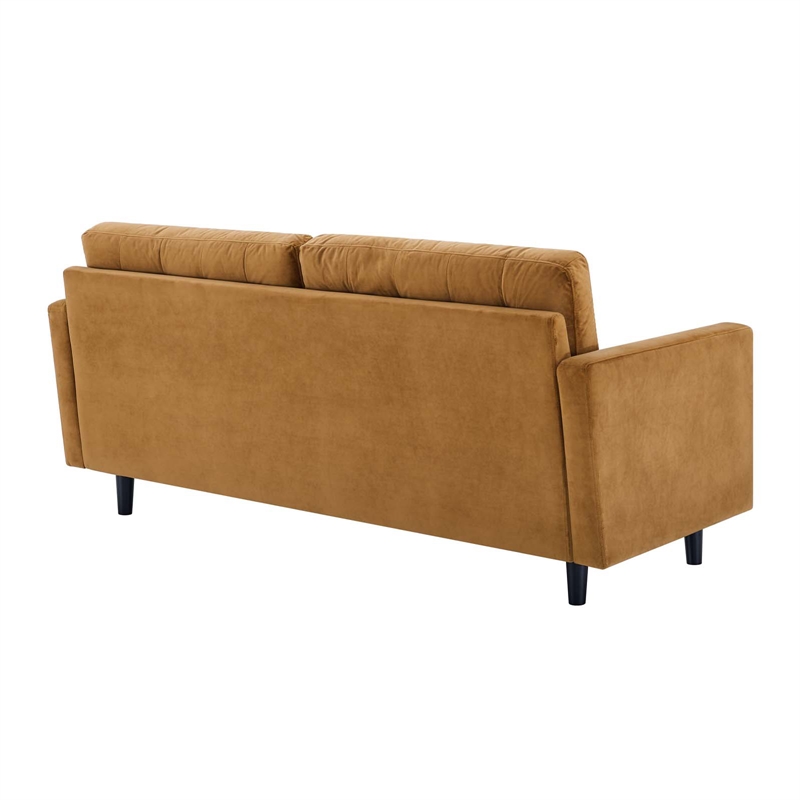 Maklaine Tufted Performance Velvet Sofa in Cognac Brown/Black