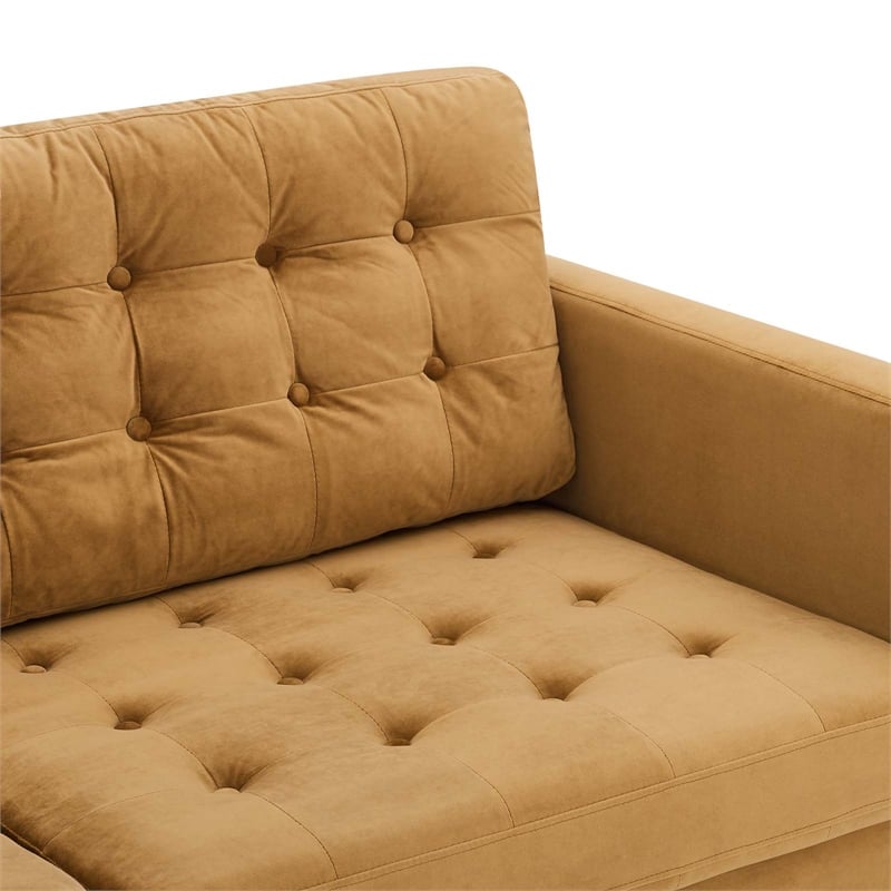 Maklaine Tufted Performance Velvet Sofa in Cognac Brown/Black