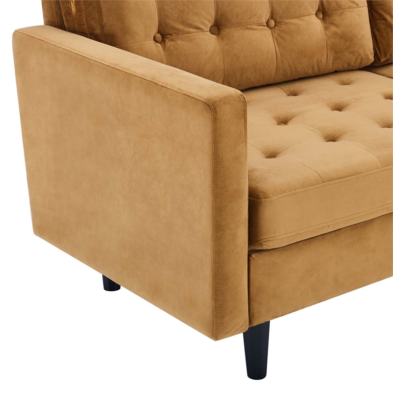 Maklaine Tufted Performance Velvet Sofa in Cognac Brown/Black