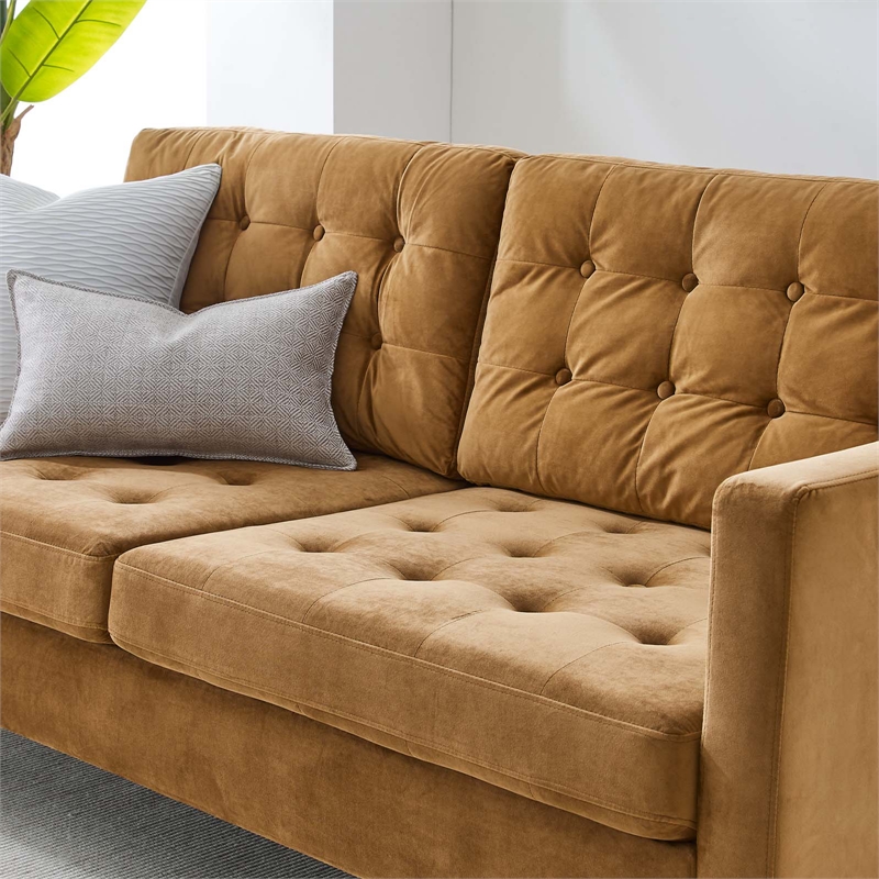 Maklaine Tufted Performance Velvet Sofa in Cognac Brown/Black