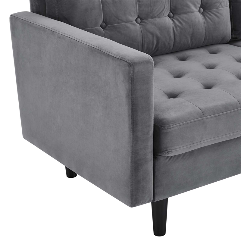 Maklaine Contemporary Tufted Performance Velvet Sofa in Gray and Black