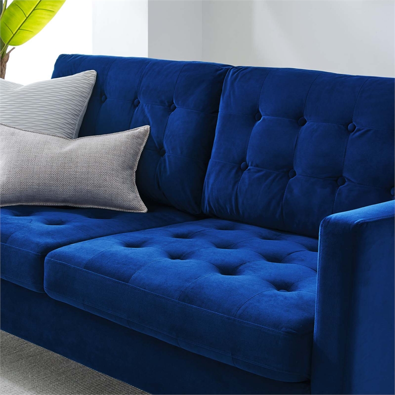 Maklaine Contemporary Tufted Performance Velvet Sofa in Navy and Black