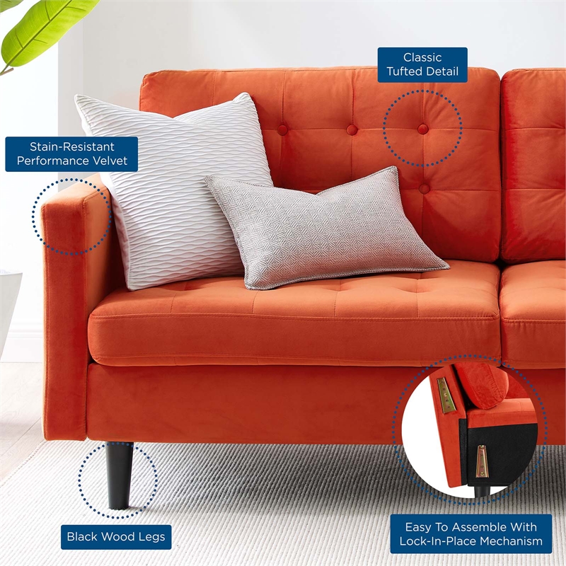 Maklaine Contemporary Tufted Performance Velvet Sofa in Orange and Black