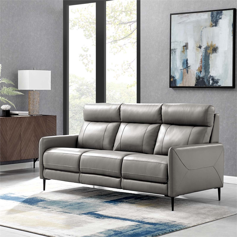Maklaine Contemporary Leather Upholstered Sofa in Gray & Black
