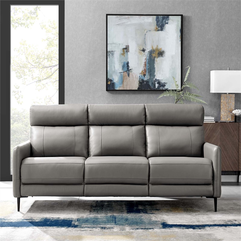 Maklaine Contemporary Leather Upholstered Sofa in Gray & Black