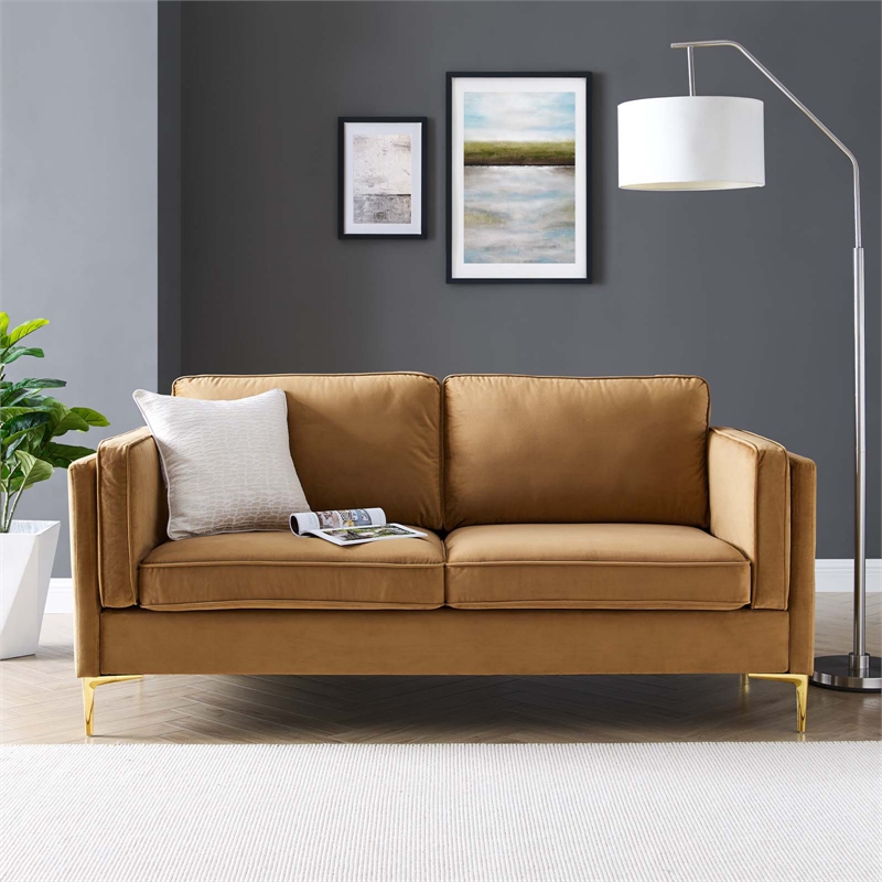 Maklaine Performance Velvet Sofa with Metal Leg in Cognac Brown