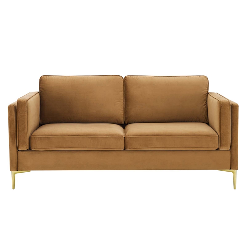 Maklaine Performance Velvet Sofa with Metal Leg in Cognac Brown