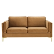 Maklaine Performance Velvet Sofa with Metal Leg in Cognac Brown