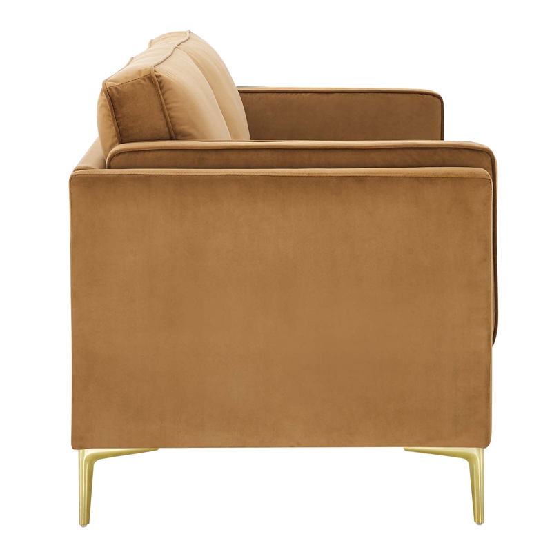 Maklaine Performance Velvet Sofa with Metal Leg in Cognac Brown